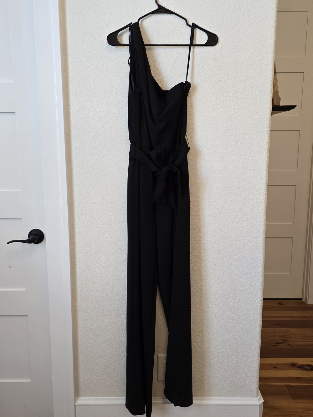 Antonio Melani Black One Shoulder Jumpsuit Wide Leg Belted Size 10